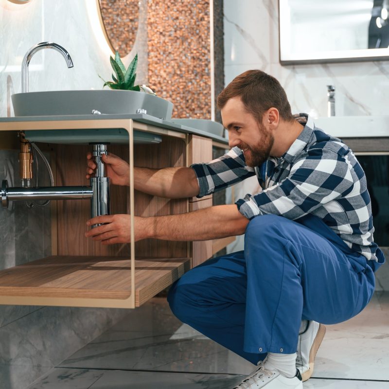 Plumber in blue uniform is at work in the bathroom